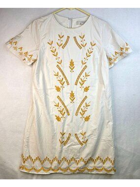 Loft Cotton Shift Dress S White Gold Floral Embroidered Boho Festival Romantic
